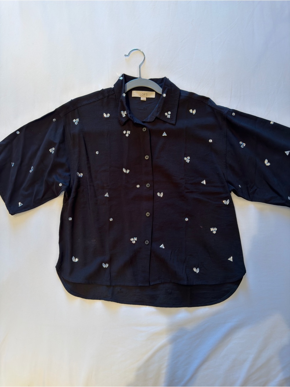 LOFT Black Button-Down Shirt with White Motif Accents